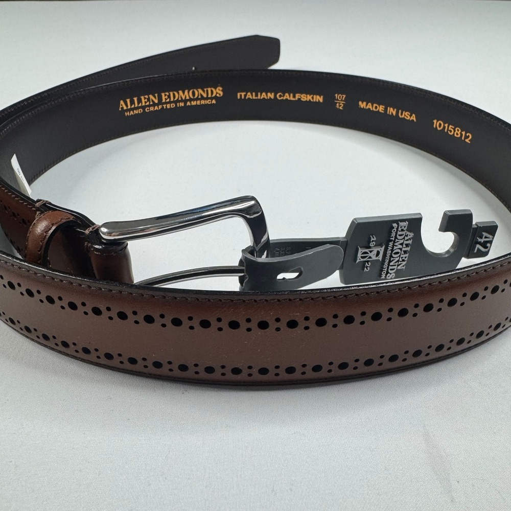 Allen Edmonds Manistee Belt Mens 42 Coffee Brown‎ Brogue Leather 1015812 NWT